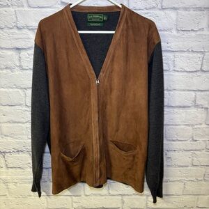 Filson Sweater Mens Large Gray Brown Sueded Leather & Merino Wool Full Zip RARE